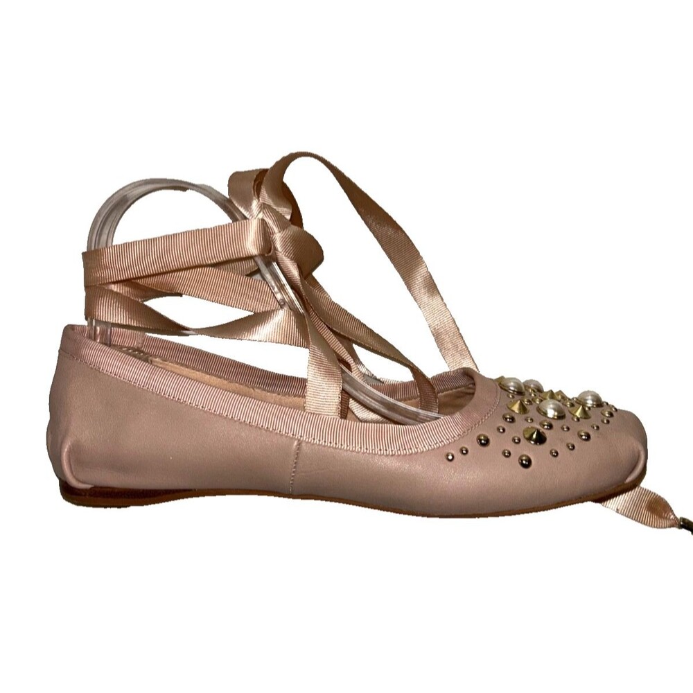 Topshop Women’s Genuine Leather Studded Ballet Flats Ribbon Ankle Tie size 39/8